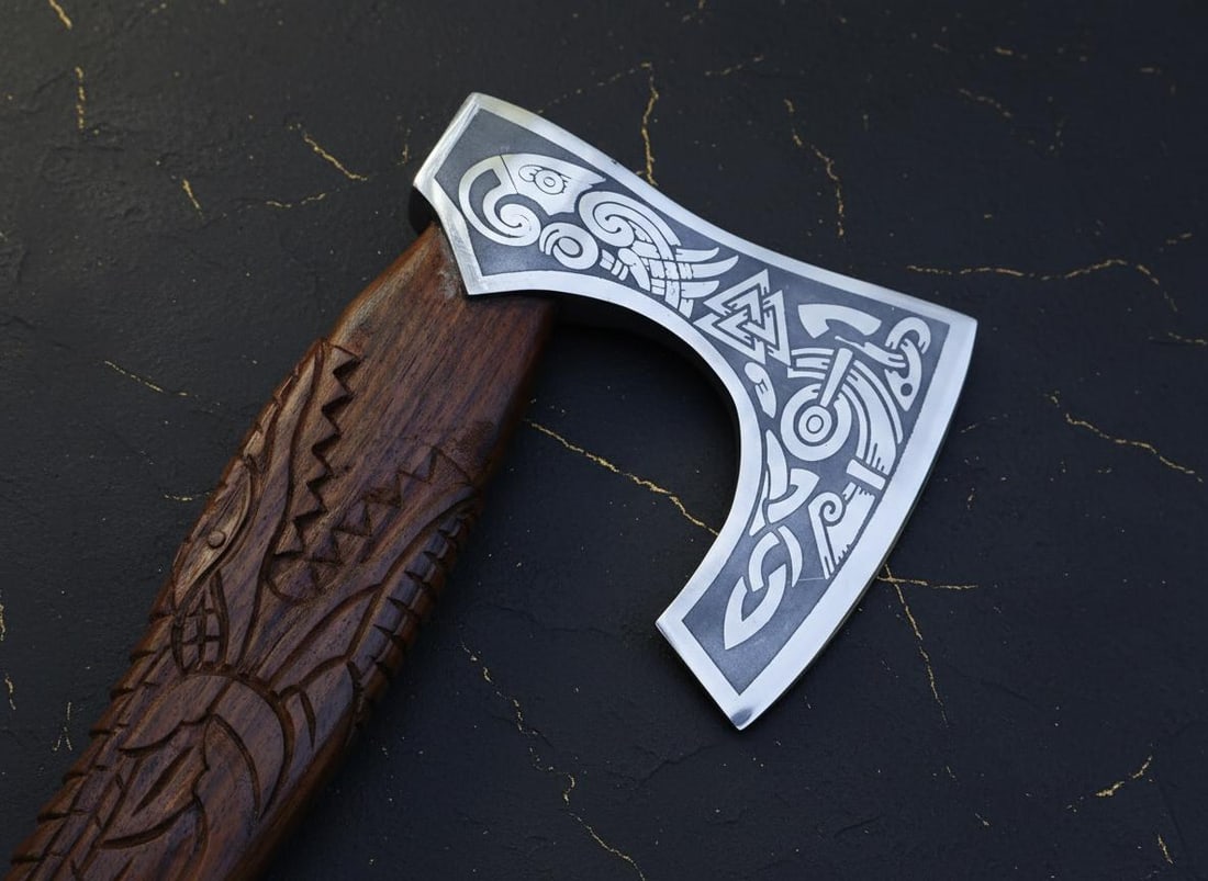 Carved Dragon Tomahawk Axe Hand Forged Carbon Steel Viking Style with Sheath - 4