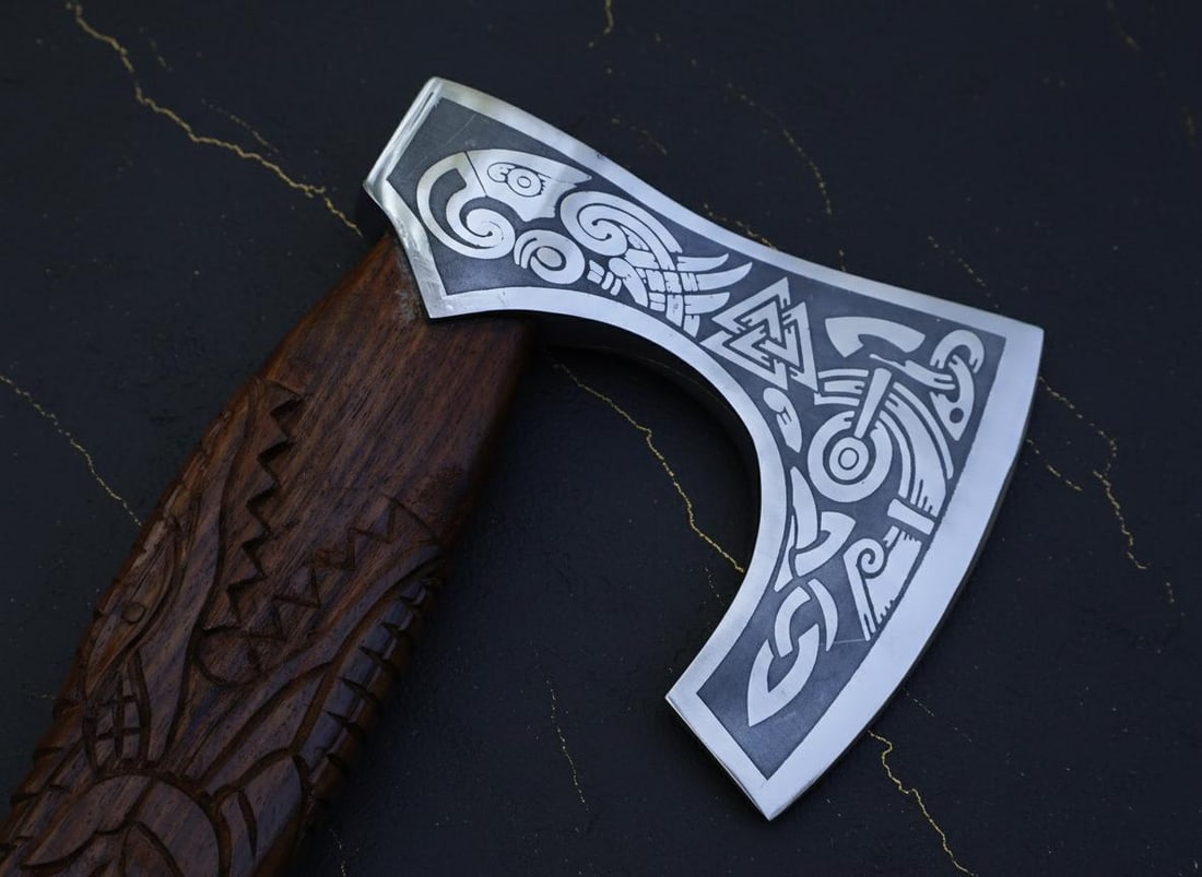 Carved Dragon Tomahawk Axe Hand Forged Carbon Steel Viking Style with Sheath - 6