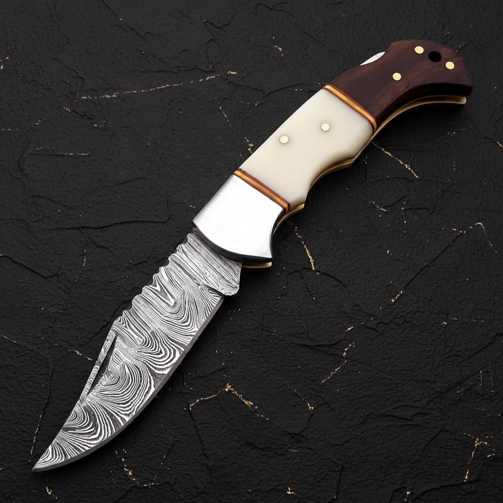 Hand Forged Damascus Steel Pocket Knife with White Bone Handle & Brass Filework - 2
