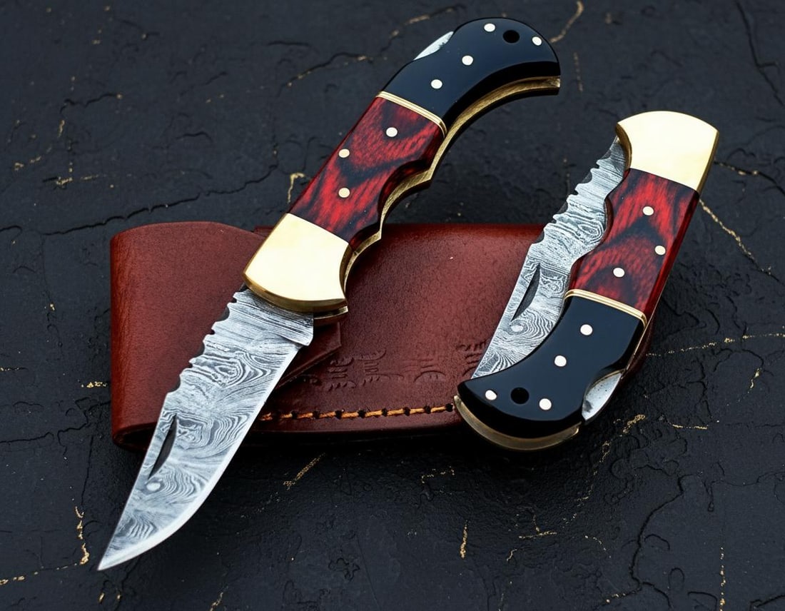 Hand Forged Damascus Steel Pocket Knife with Black Horn, Red Wood & Brass Accents (1 of 7)
