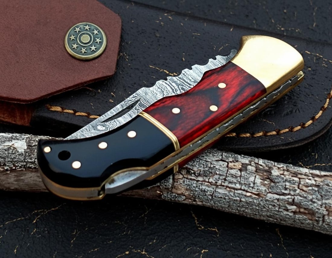 Hand Forged Damascus Steel Pocket Knife with Black Horn, Red Wood & Brass Accents - 2