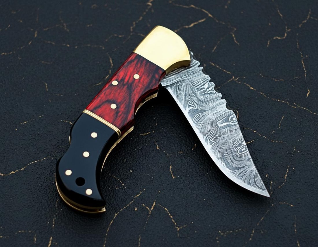 Hand Forged Damascus Steel Pocket Knife with Black Horn, Red Wood & Brass Accents - 3
