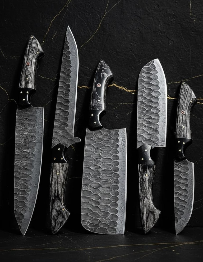 Twist Pattern Damascus Steel Chef Knife Set, 5 Piece Hand Forged Kitchen Cutlery: Title:Twist Pattern Damascus Steel Chef Knife Set, 5 Piece Hand Forged Kitchen CutleryDescription:Discover this exceptional 5 piece set of custom kitchen knives, each individually hand forged from