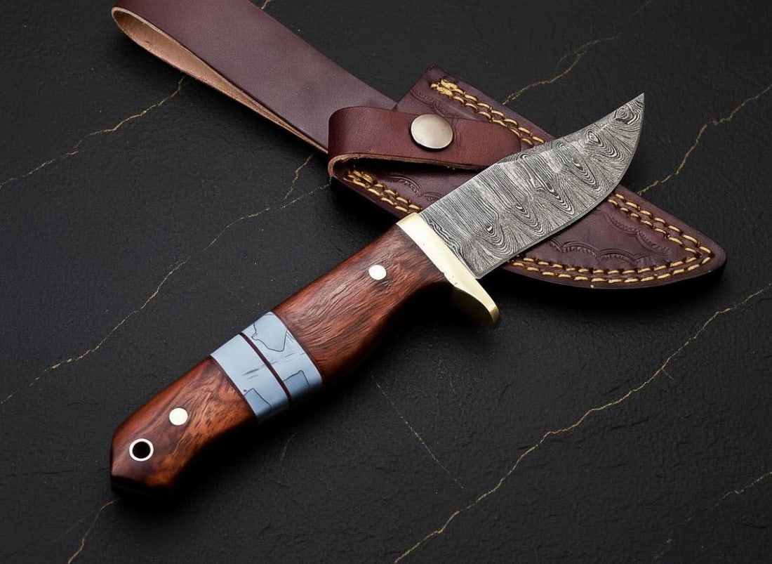 Hand Forged Damascus Steel Skinner Knife, Full Tang Drop Point Blade with Wood Handle, USA Made - 3