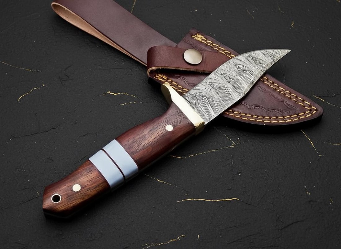 Hand Forged Damascus Steel Skinner Knife, Full Tang Drop Point Blade with Wood Handle, USA Made - 5
