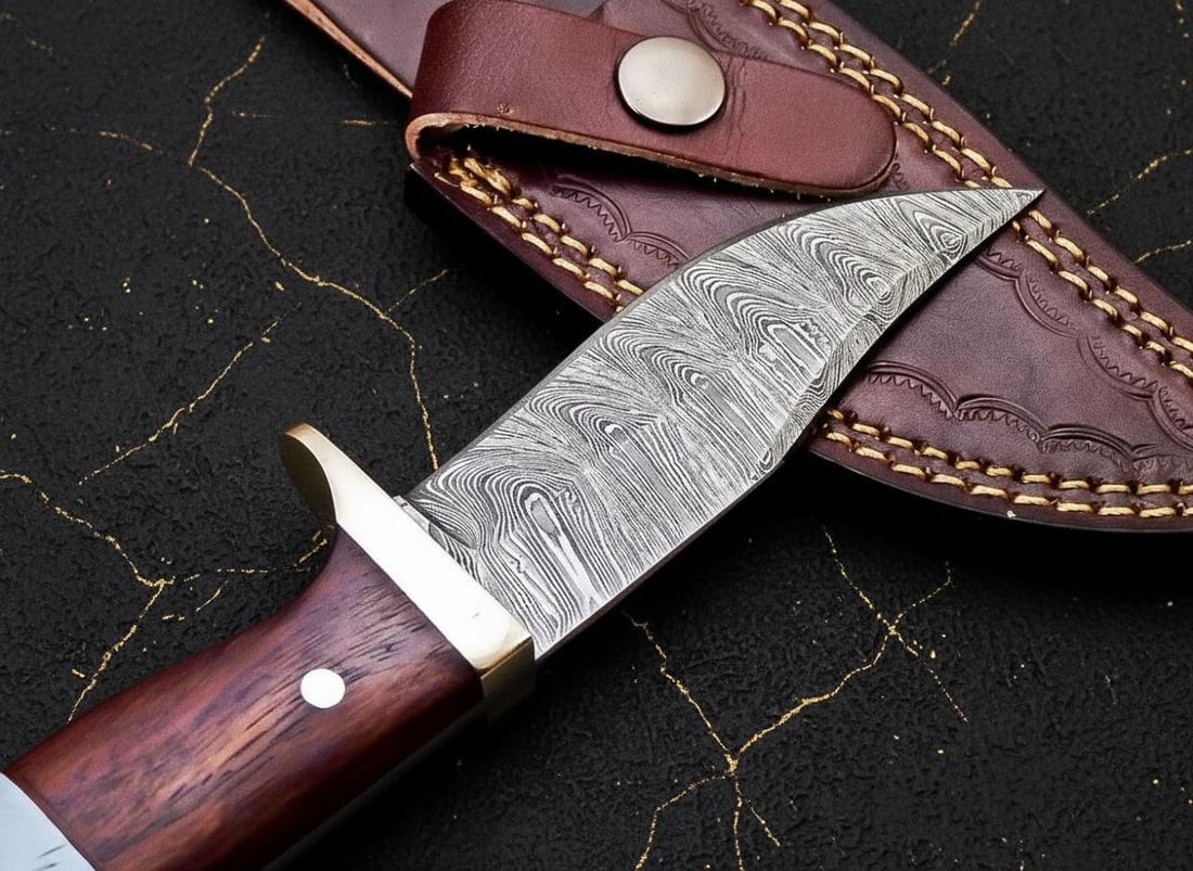 Hand Forged Damascus Steel Skinner Knife, Full Tang Drop Point Blade with Wood Handle, USA Made - 6