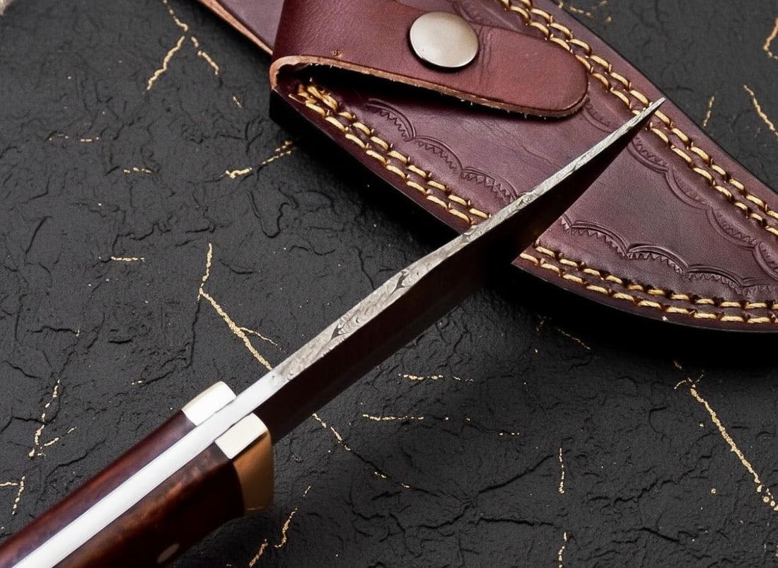 Hand Forged Damascus Steel Skinner Knife, Full Tang Drop Point Blade with Wood Handle, USA Made - 7