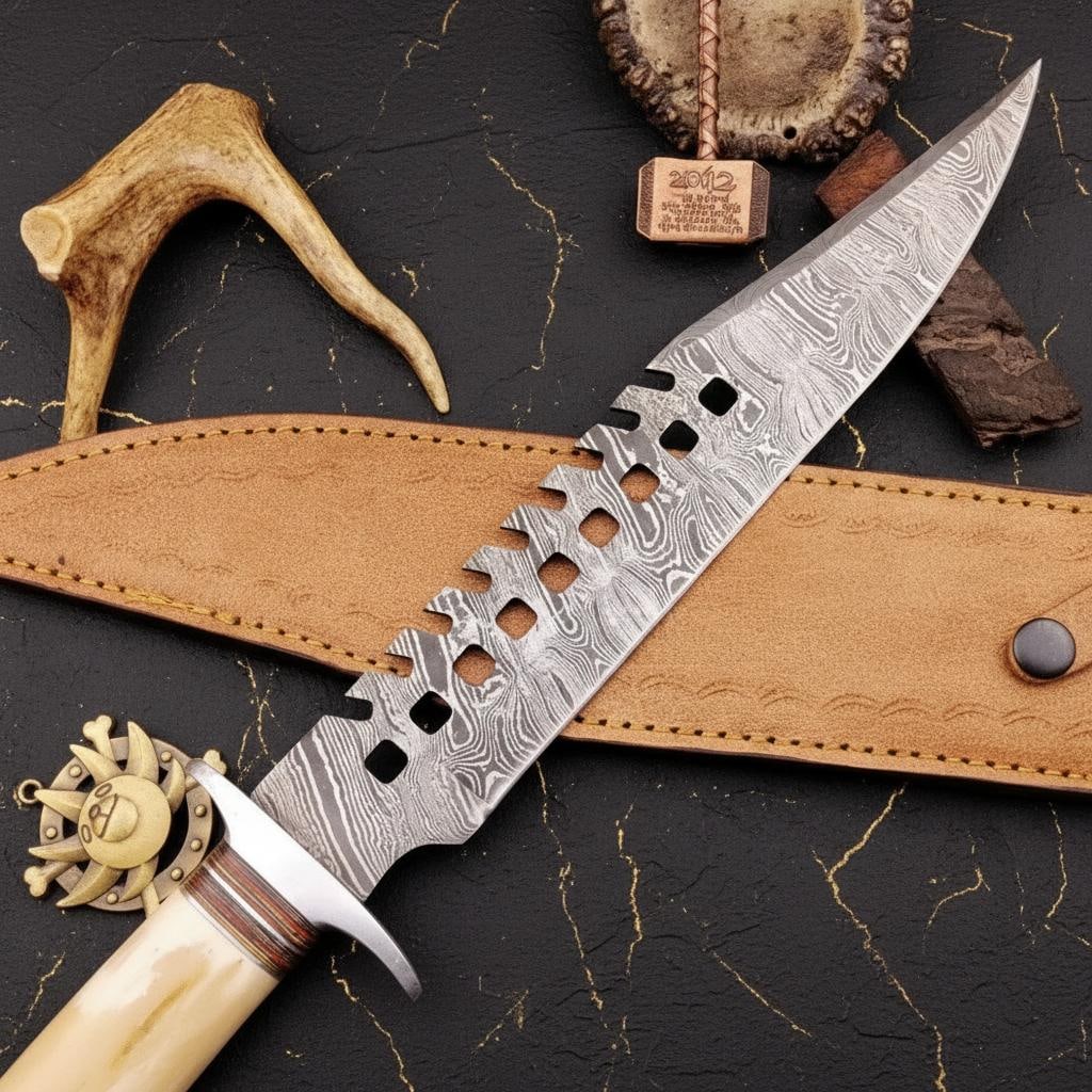 Hand Forged Pakistani Bowie Knife Damascus Steel Blade Wood Handle Hunting Tool - 4