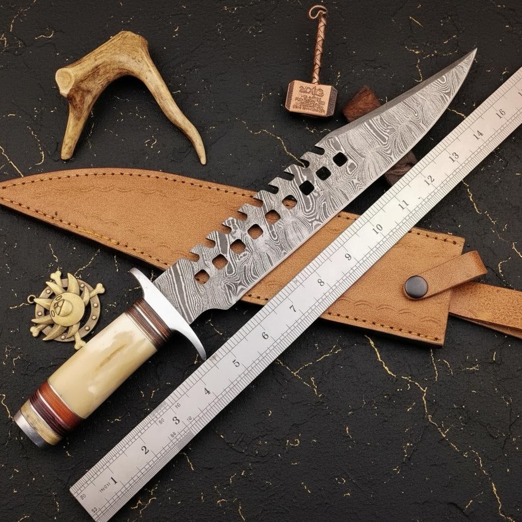 Hand Forged Pakistani Bowie Knife Damascus Steel Blade Wood Handle Hunting Tool - 5