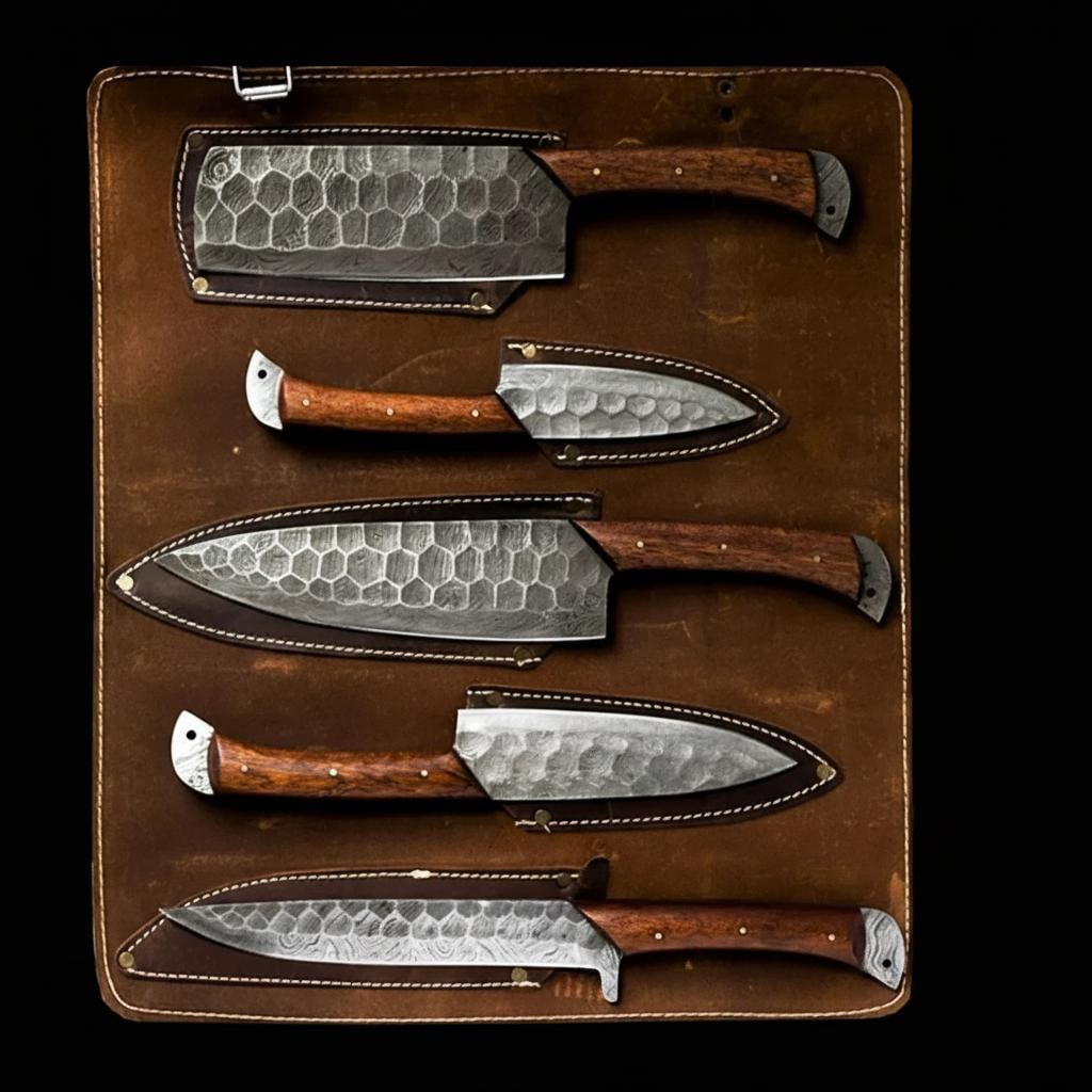 Hand-Forged Damascus Steel 5-Piece Chef Knife Set with Rosewood Handles: Title:Hand-Forged Damascus Steel 5-Piece Chef Knife Set with Rosewood HandlesDescription:This listing is for a 5-piece, hand-forged chef knife set, crafted for both performance and aesthetic appeal.