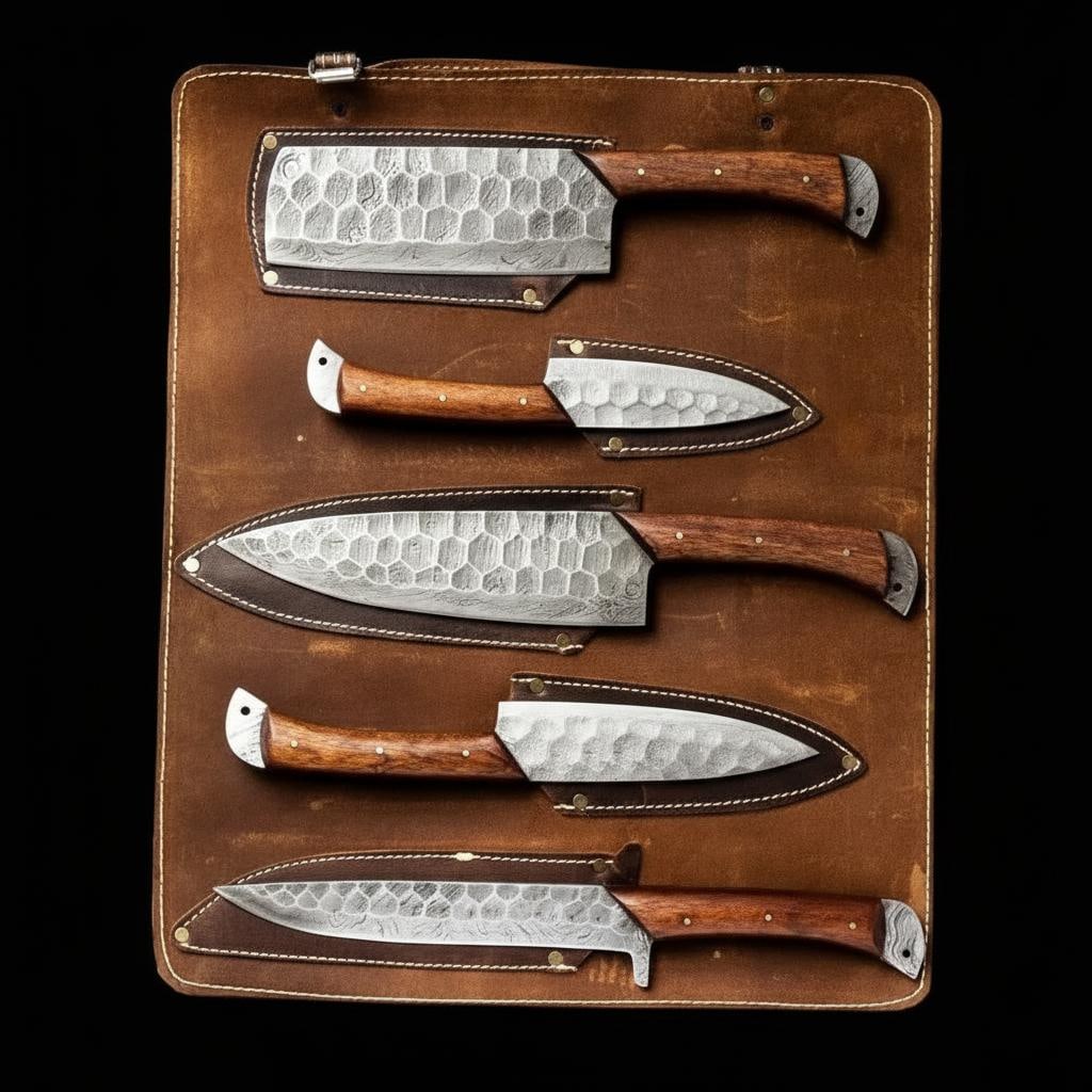 Hand-Forged Damascus Steel 5-Piece Chef Knife Set with Rosewood Handles - 2