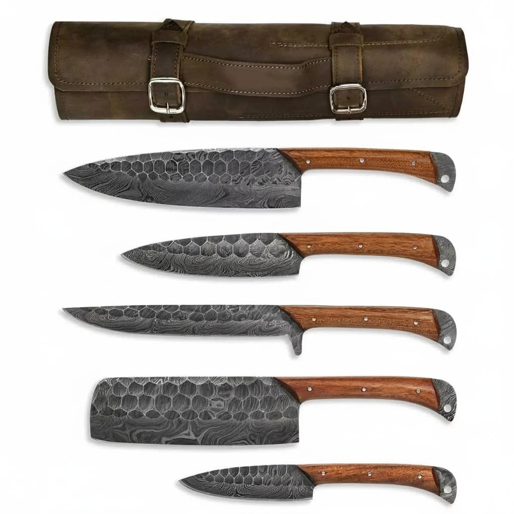 Hand-Forged Damascus Steel 5-Piece Chef Knife Set with Rosewood Handles - 3
