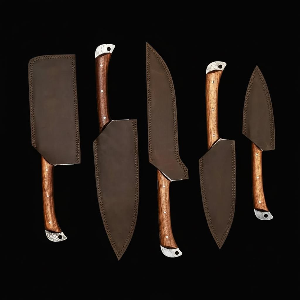 Hand-Forged Damascus Steel 5-Piece Chef Knife Set with Rosewood Handles - 4