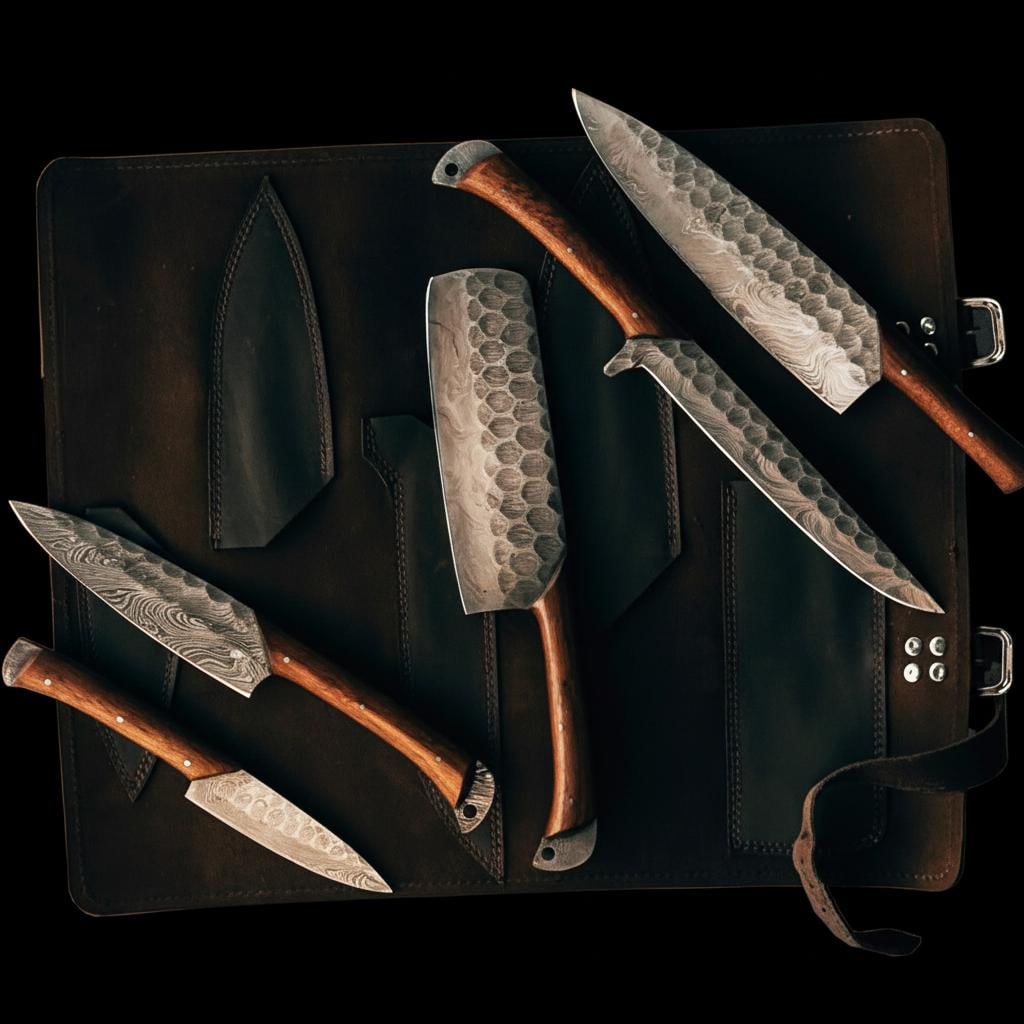 Hand-Forged Damascus Steel 5-Piece Chef Knife Set with Rosewood Handles - 5