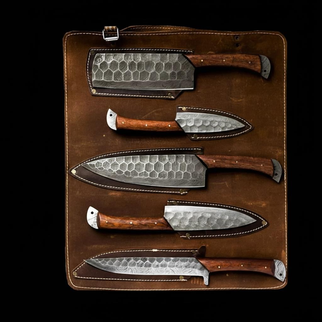 Hand-Forged Damascus Steel 5-Piece Chef Knife Set with Rosewood Handles - 7
