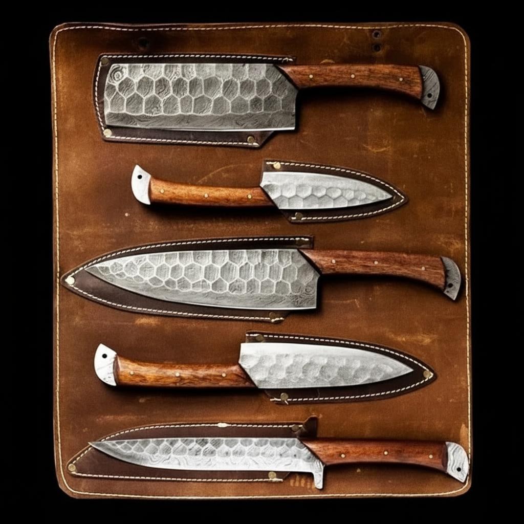 Hand-Forged Damascus Steel 5-Piece Chef Knife Set with Rosewood Handles - 8