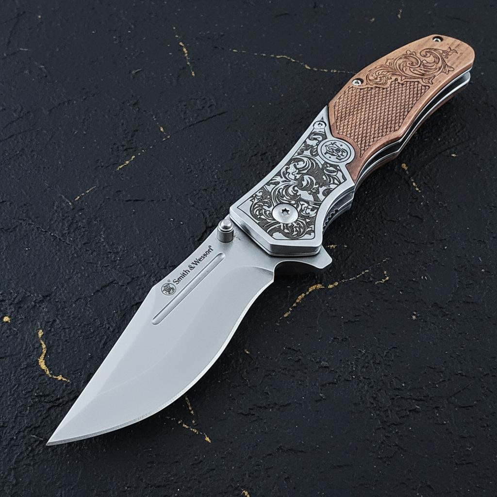 Checkered Wood Handle S&W Unwavered Folding Knife with 3.5" Assisted Satin Blade (1 of 5)