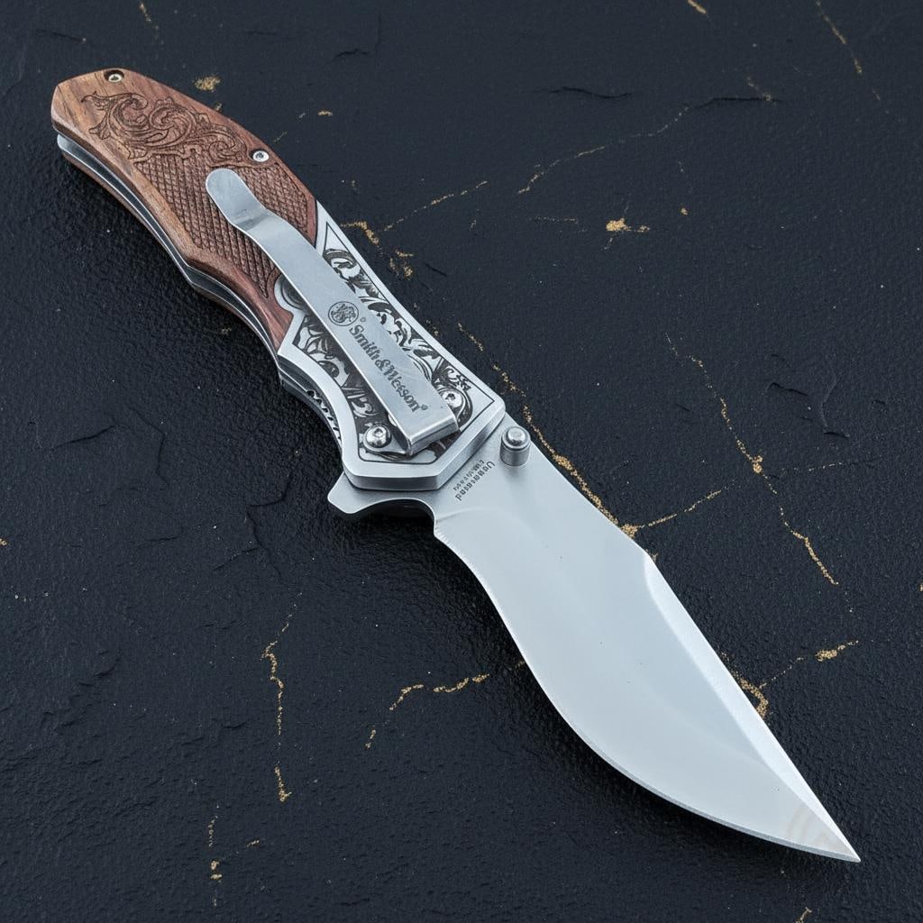 Checkered Wood Handle S&W Unwavered Folding Knife with 3.5" Assisted Satin Blade - 3