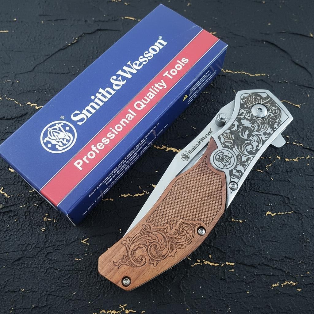 Checkered Wood Handle S&W Unwavered Folding Knife with 3.5" Assisted Satin Blade - 5