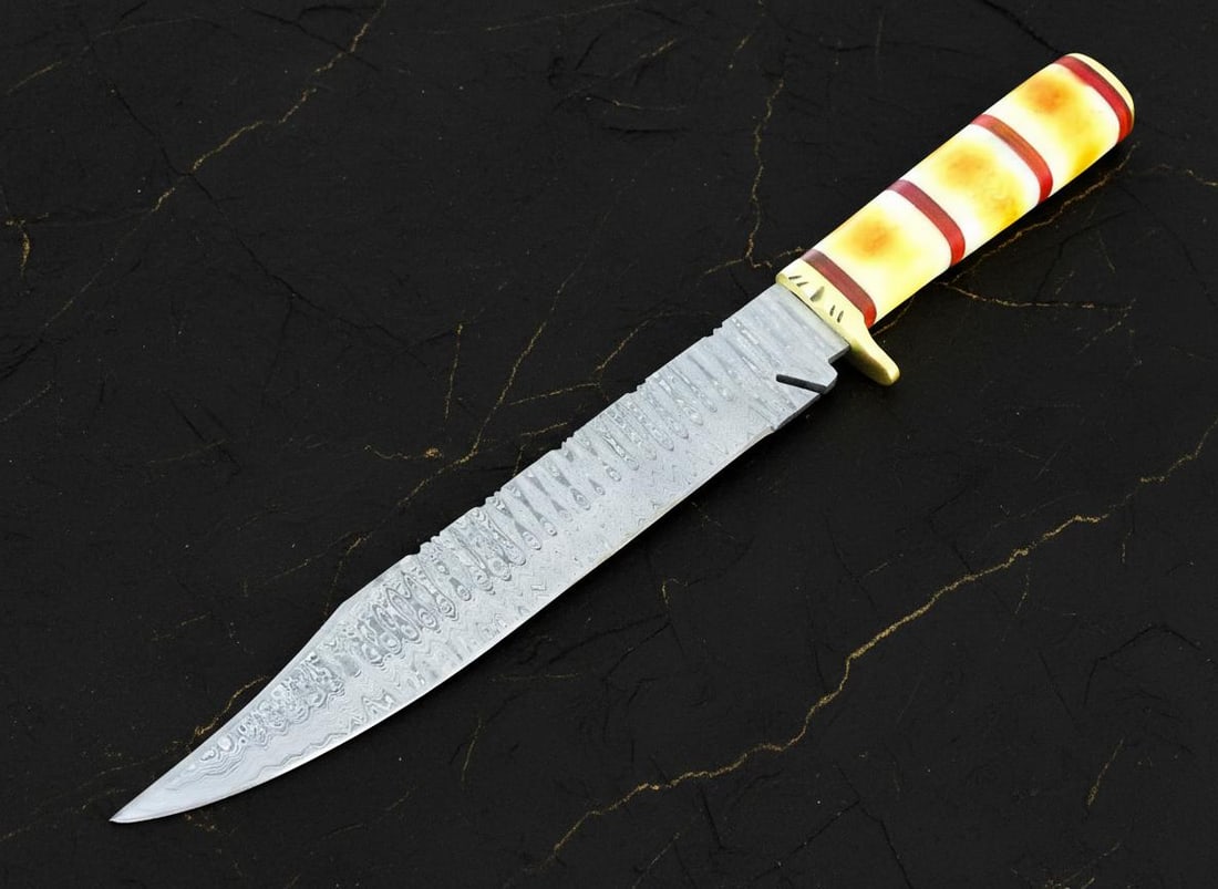 Burnt Camel Bone Handle Bowie Knife with 15" Ladder Damascus Steel Hunting Blade - 2