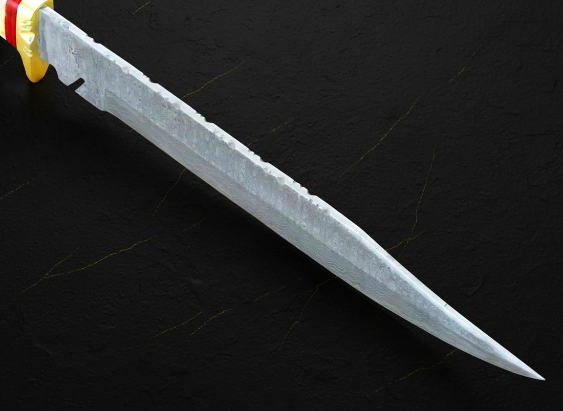 Burnt Camel Bone Handle Bowie Knife with 15" Ladder Damascus Steel Hunting Blade - 7