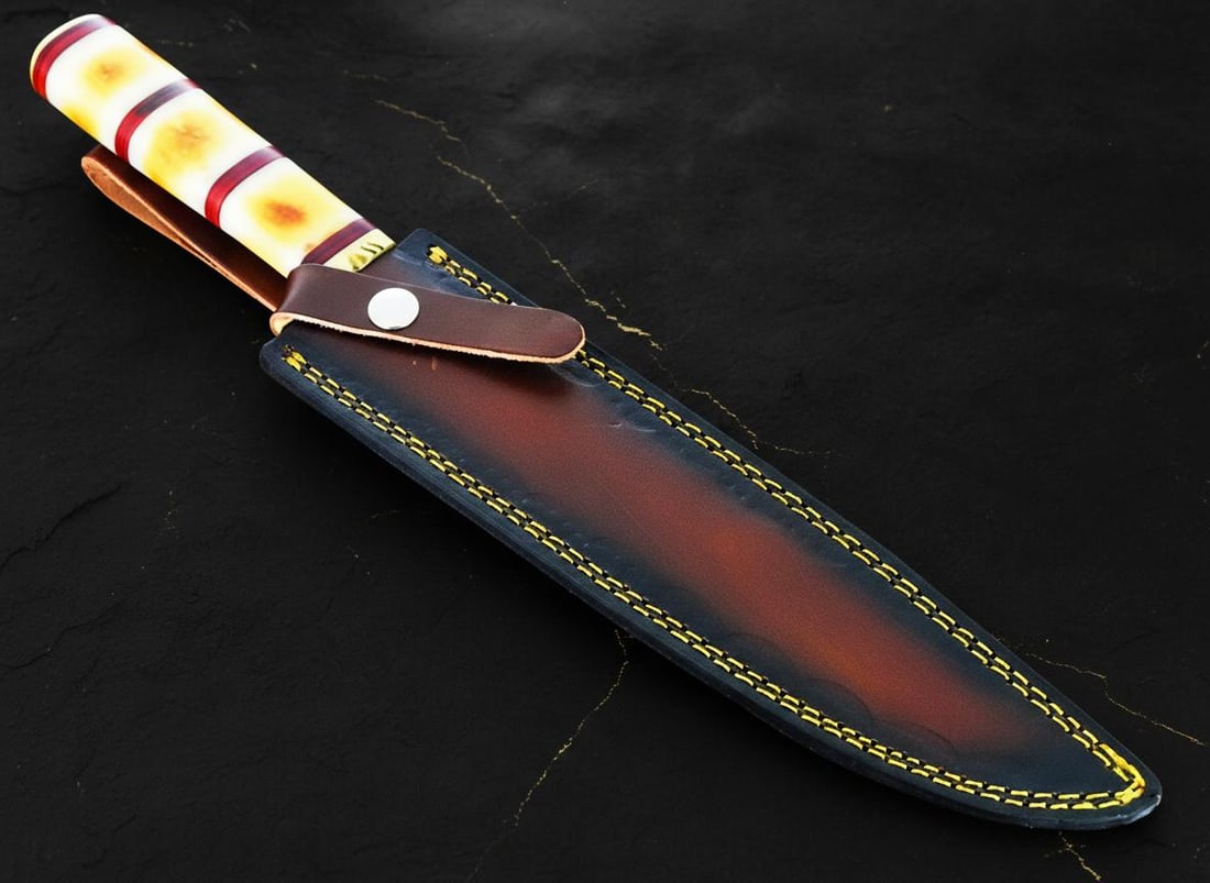 Burnt Camel Bone Handle Bowie Knife with 15" Ladder Damascus Steel Hunting Blade - 8