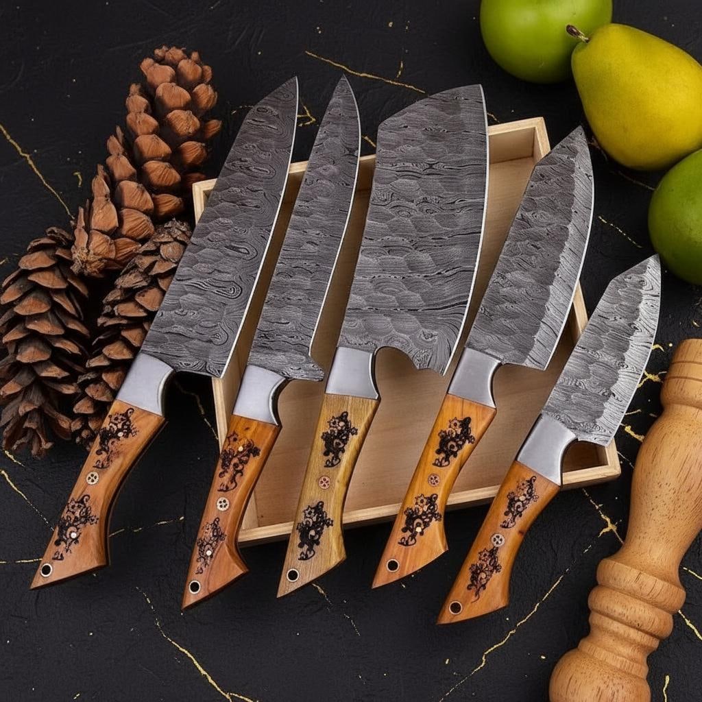 Hand Forged 5pc Chef Knife Set with Engraved Cocobolo Wood Handles Damascus Pattern - 2