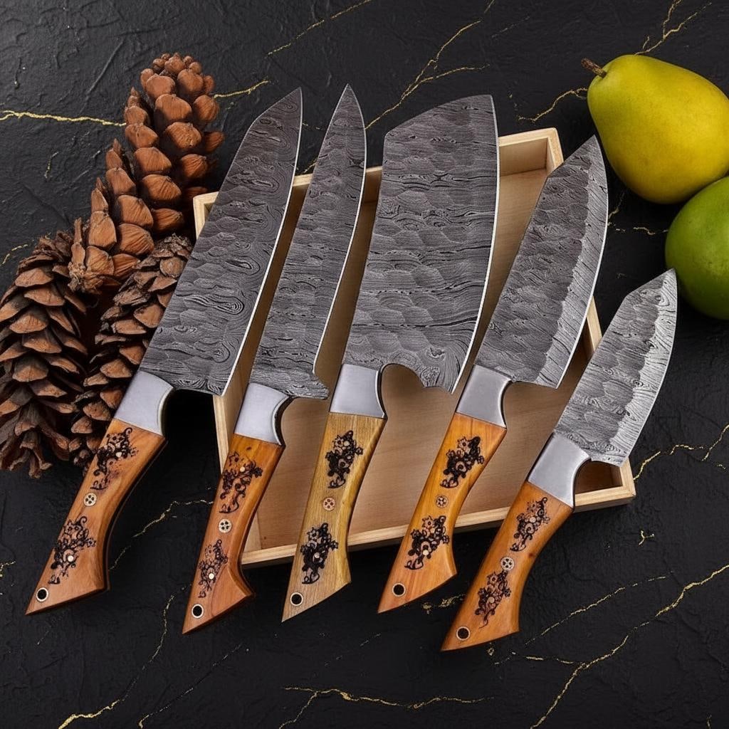 Hand Forged 5pc Chef Knife Set with Engraved Cocobolo Wood Handles Damascus Pattern - 4