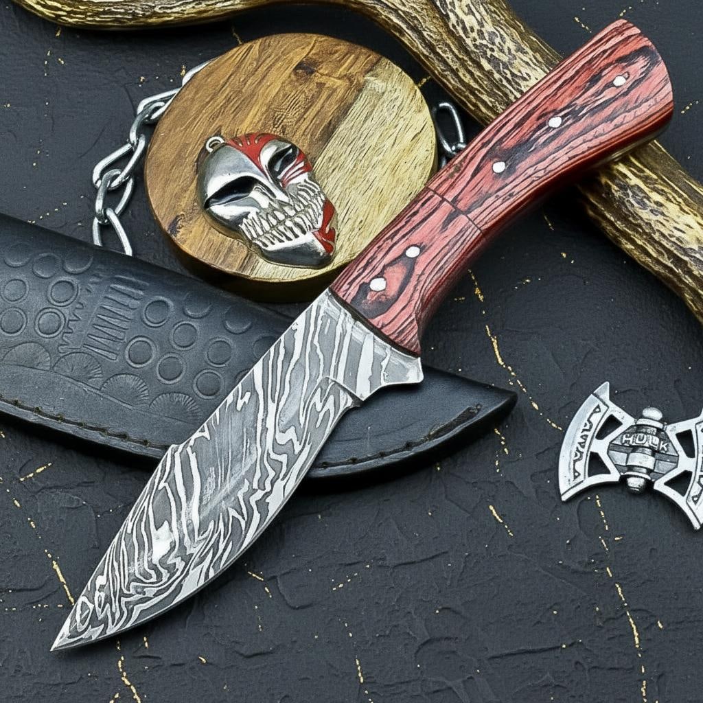 Handmade Full Tang Damascus Steel Knife with Wood Handle USA Made Outdoor Tool: Title:Handmade Full Tang Damascus Steel Knife with Wood Handle USA Made Outdoor ToolDescription:This handcrafted outdoor knife features a durable full tang construction and a distinctive Damascus