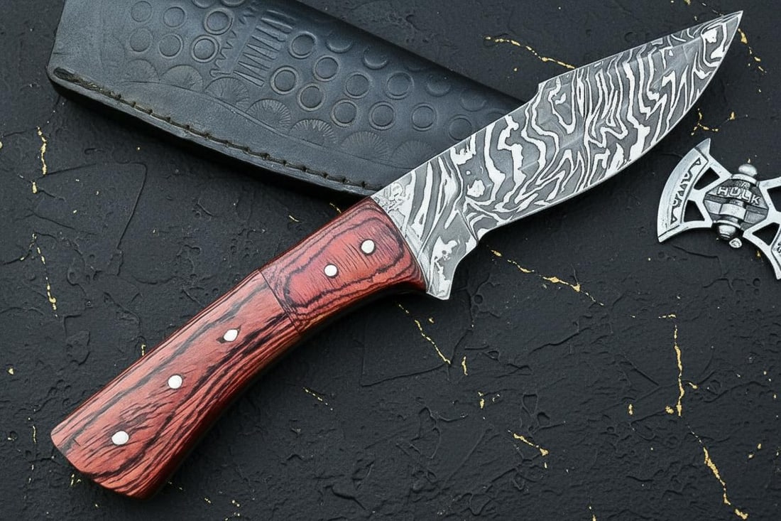 Handmade Full Tang Damascus Steel Knife with Wood Handle USA Made Outdoor Tool - 5
