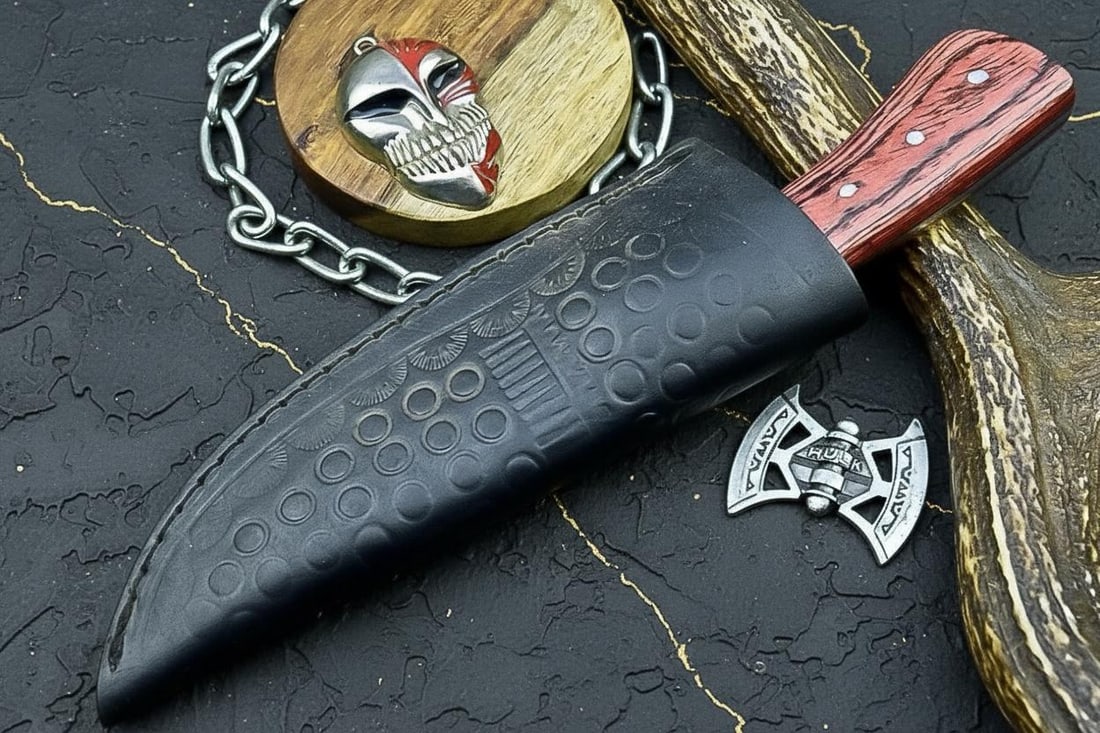 Handmade Full Tang Damascus Steel Knife with Wood Handle USA Made Outdoor Tool - 7