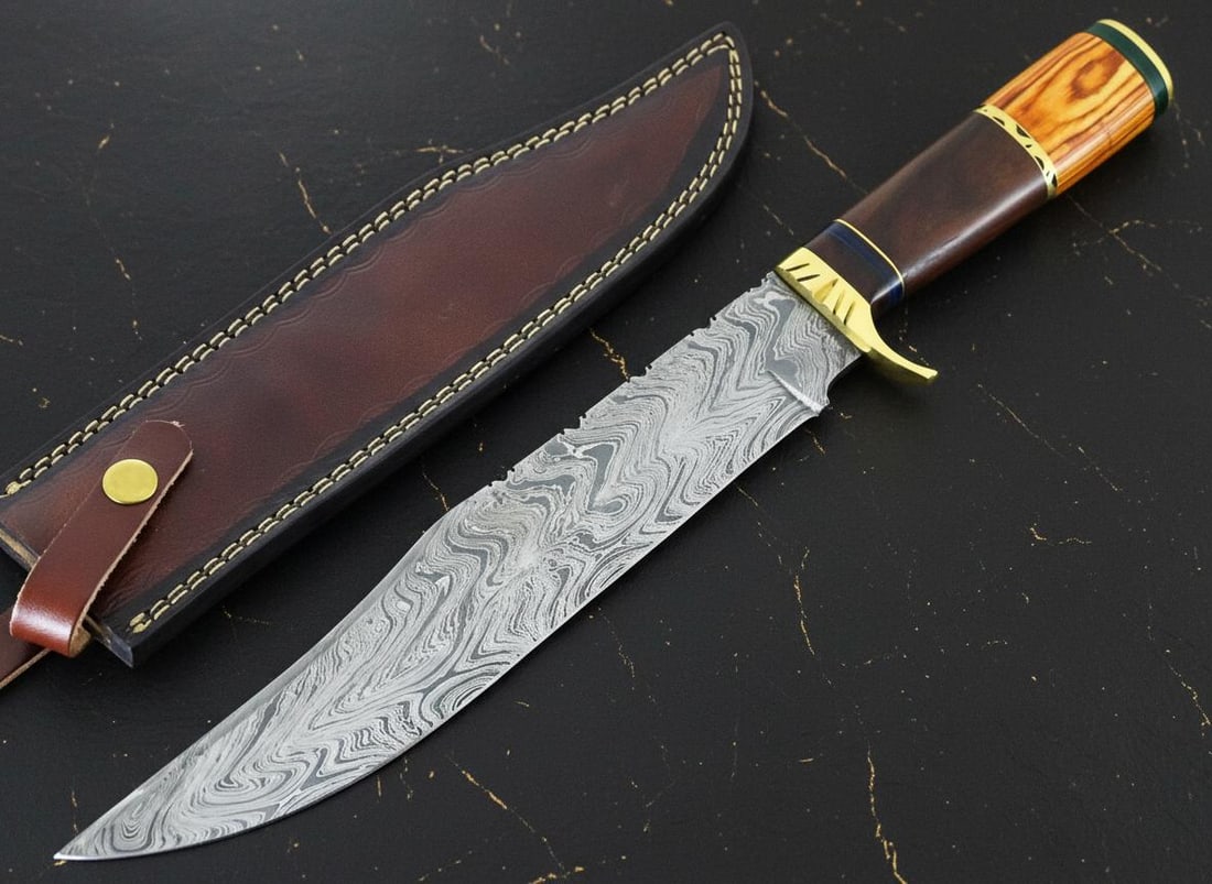 Large 15.5 Inch Bowie Hunting Knife, Forged Damascus Steel Blade with Hardwood Grip: Title:Large 15.5 Inch Bowie Hunting Knife, Forged Damascus Steel Blade with Hardwood Grip Description:This listing is for a substantial, custom-made Bowie knife featuring a hand-forged Damascus steel
