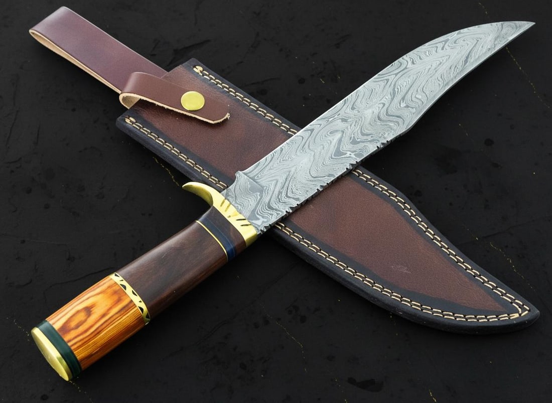 Large 15.5 Inch Bowie Hunting Knife, Forged Damascus Steel Blade with Hardwood Grip - 2