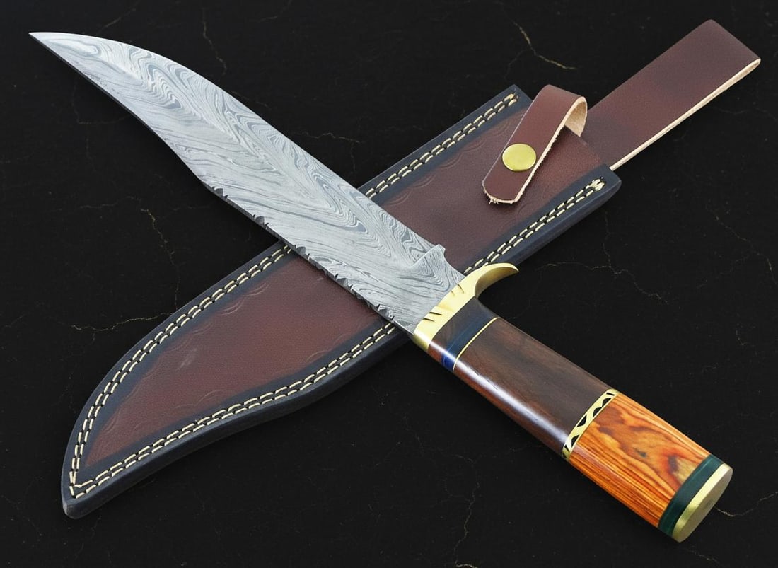 Large 15.5 Inch Bowie Hunting Knife, Forged Damascus Steel Blade with Hardwood Grip - 3