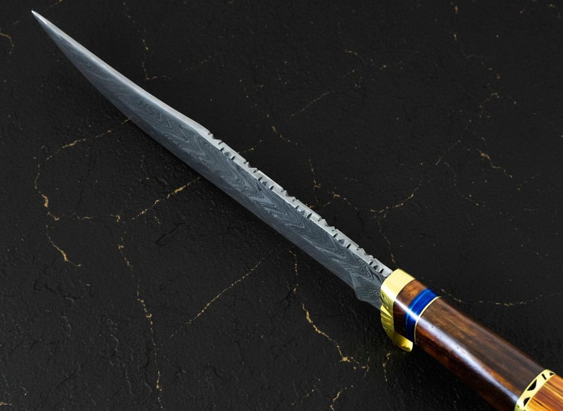 Large 15.5 Inch Bowie Hunting Knife, Forged Damascus Steel Blade with Hardwood Grip - 6