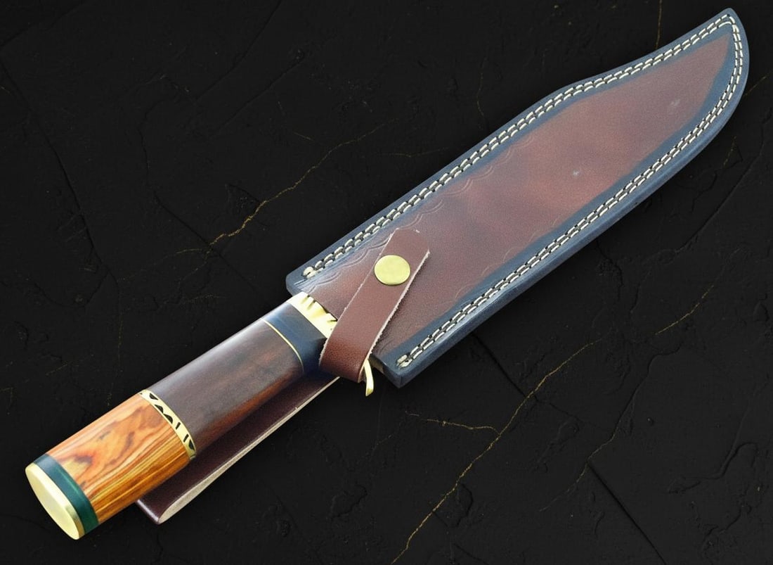 Large 15.5 Inch Bowie Hunting Knife, Forged Damascus Steel Blade with Hardwood Grip - 7
