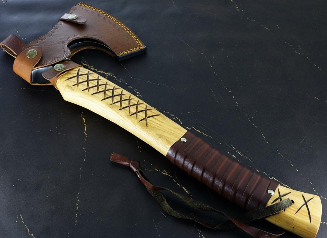 19" Hand Forged Carbon Steel Bearded Viking Axe Throwing Hatchet with Leather Sheath - 8