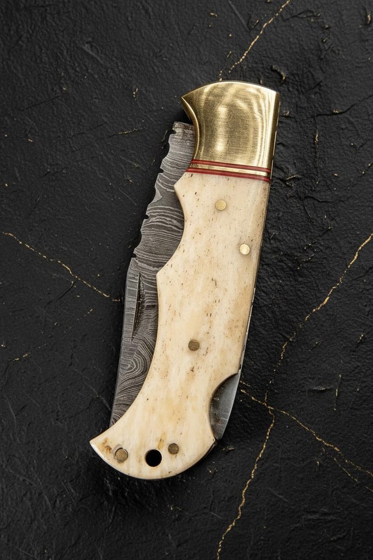Custom Damascus Folding Pocket Knife with Ornate Camel Bone & Brass Filework (1 of 4)