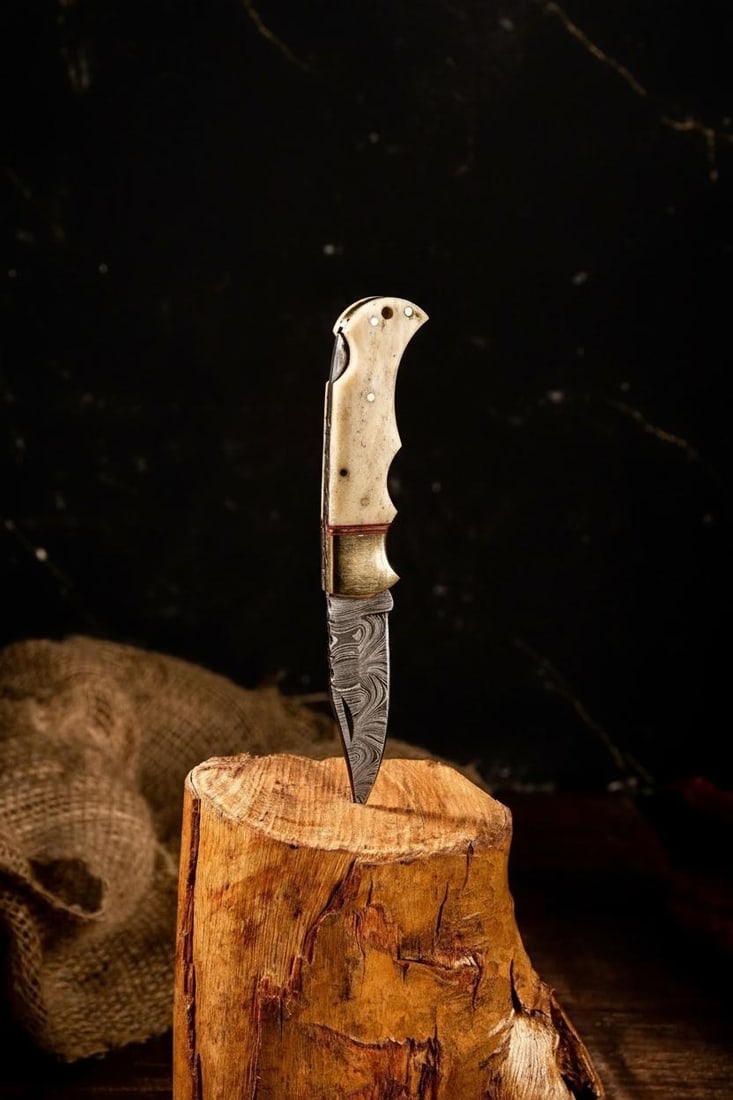Custom Damascus Folding Pocket Knife with Ornate Camel Bone & Brass Filework - 4