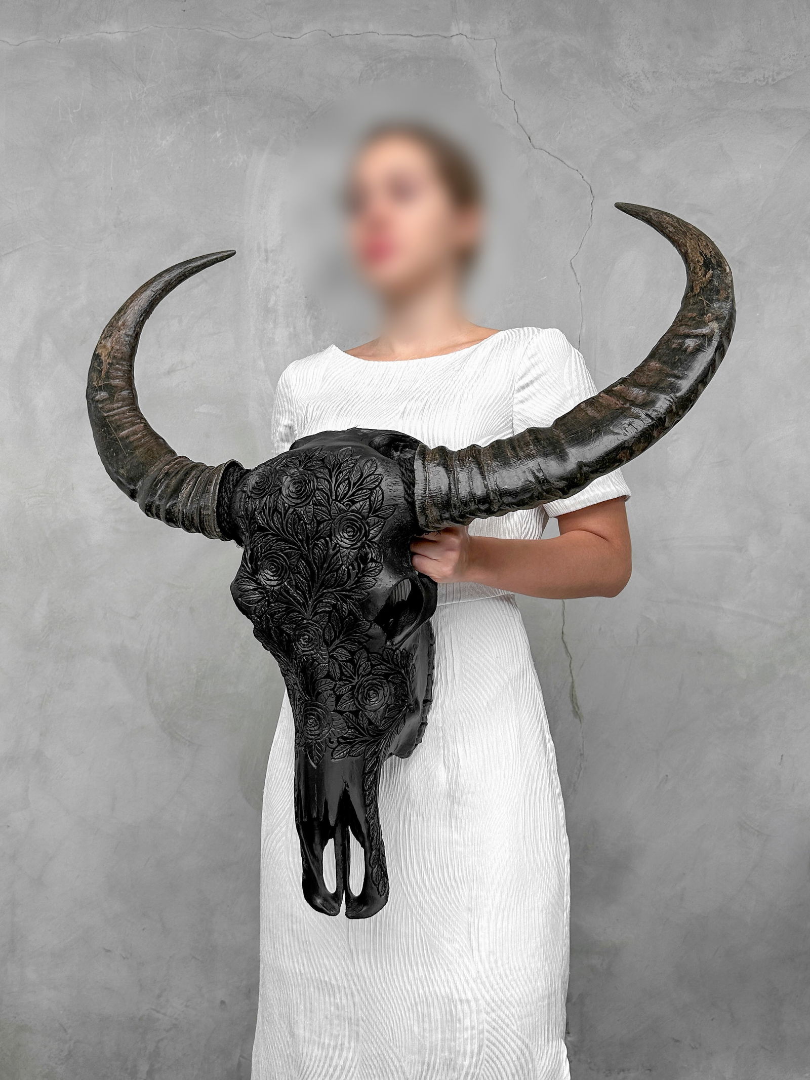 Carved black water buffalo skull - Roses Motif - 2