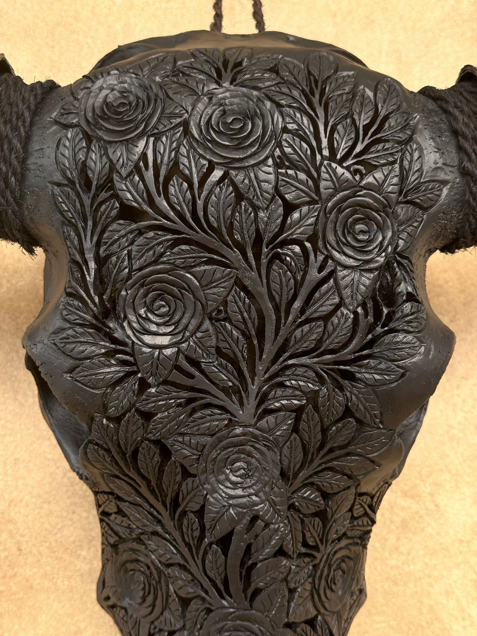 Carved black water buffalo skull - Roses Motif - 3