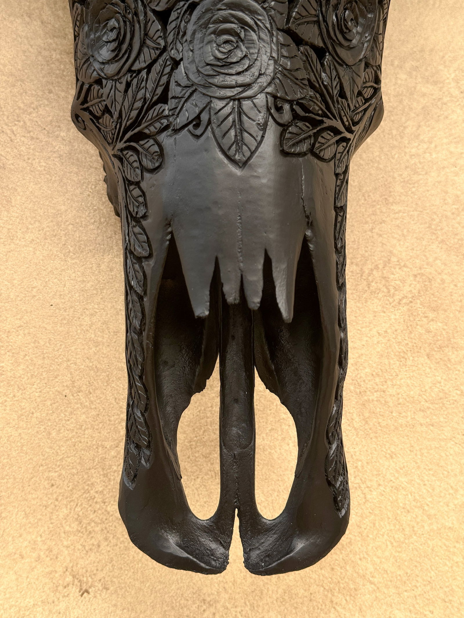 Carved black water buffalo skull - Roses Motif - 4