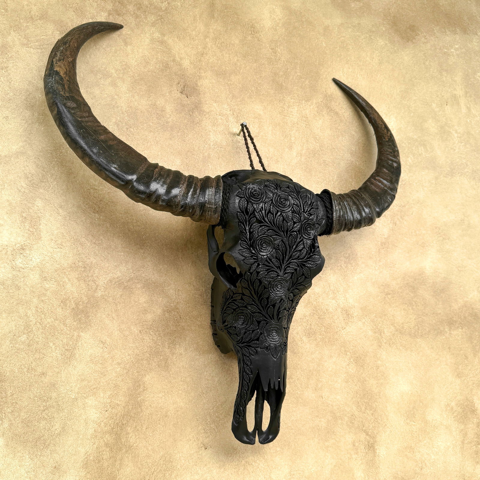 Carved black water buffalo skull - Roses Motif - 5
