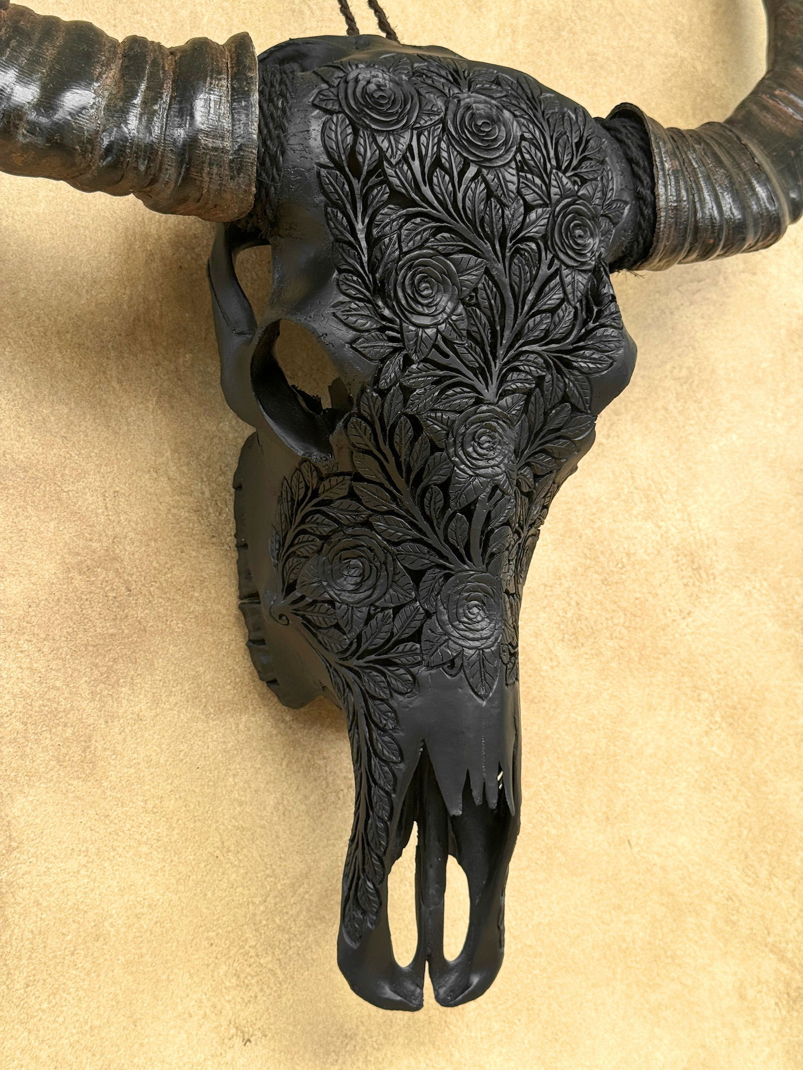 Carved black water buffalo skull - Roses Motif - 6
