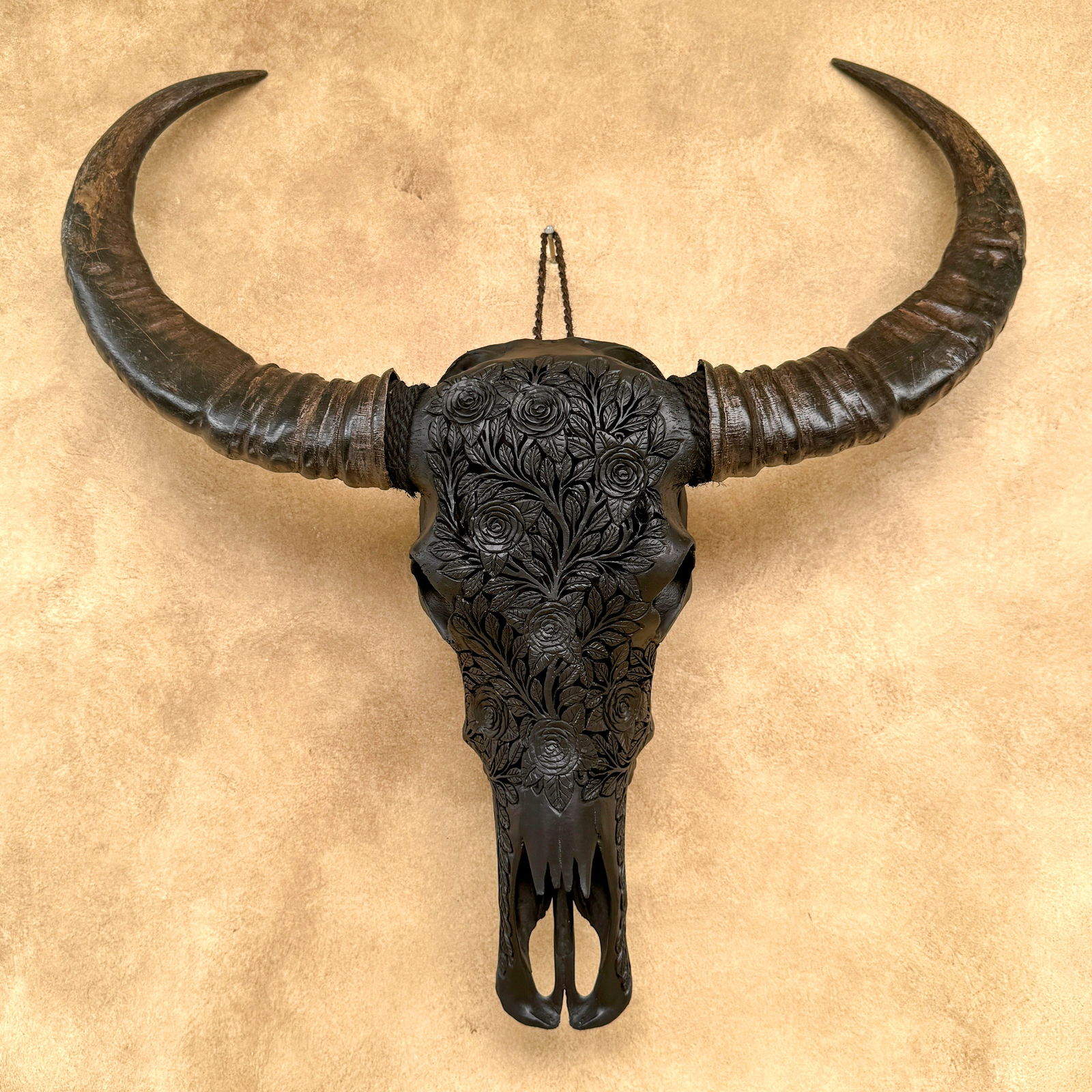 Carved black water buffalo skull - Roses Motif - 9