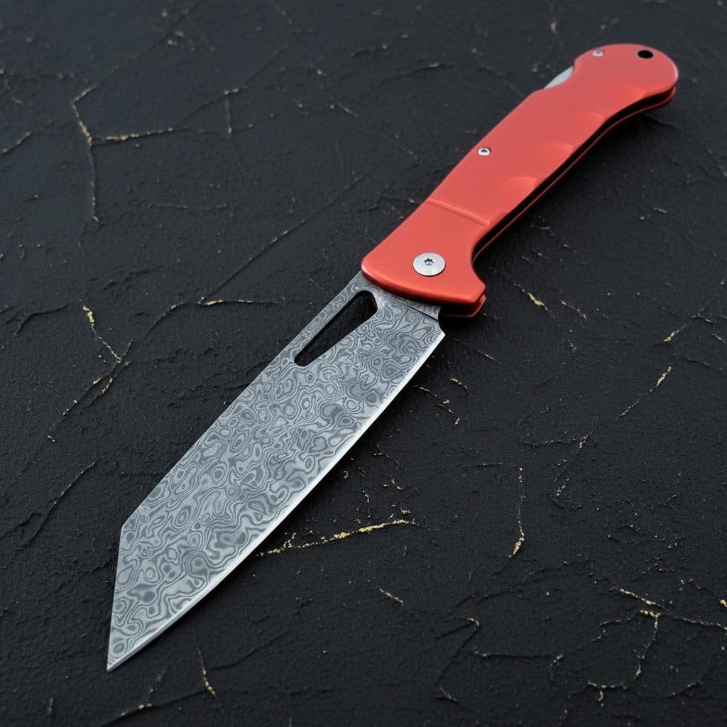 Damascus Steel Santoku Lockback Folding Knife, Rough Ryder Sous Chef Red Aluminum (1 of 9)