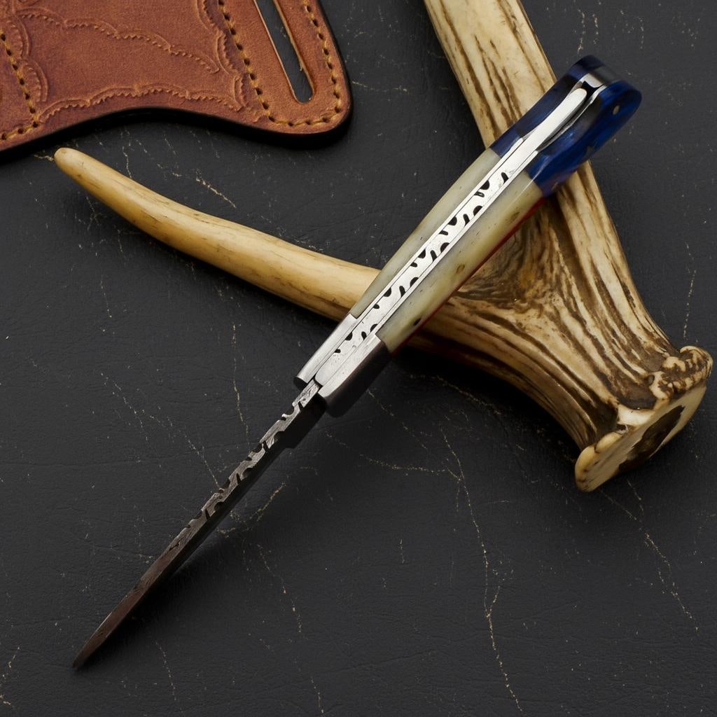 Texas Flag Folding Pocket Knife with Pakawood & Camel Bone Handle Hand Forged Damascus Blade - 4