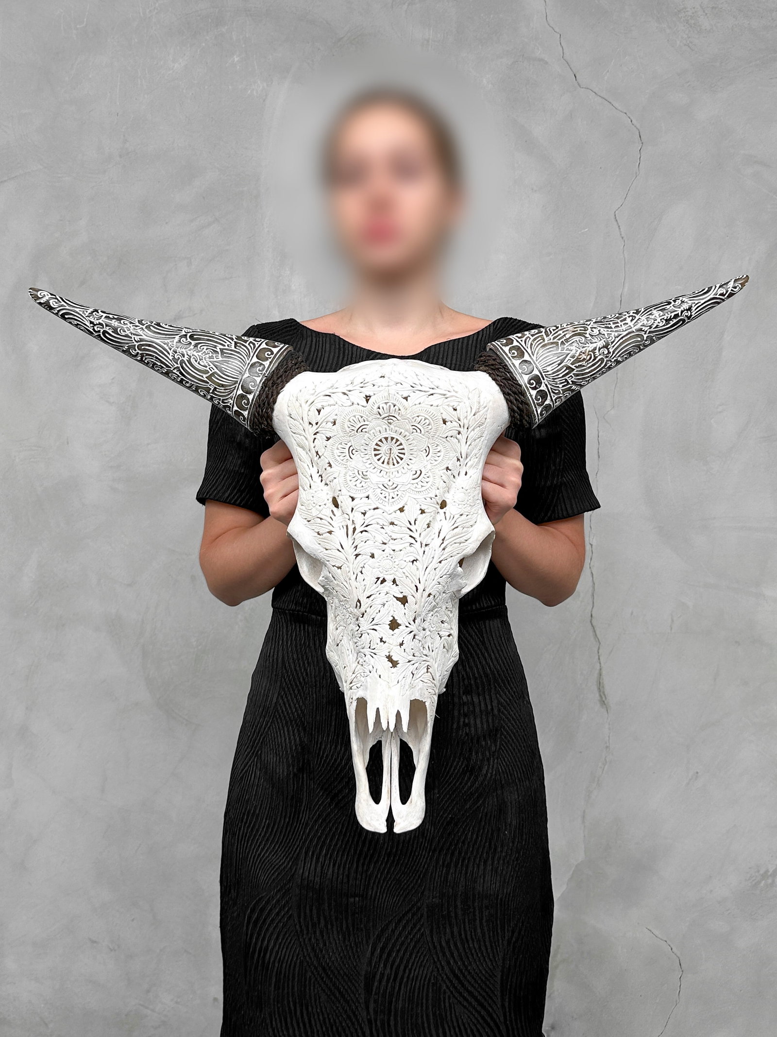 White cow skull carved horns - Flower mandala motif (1 of 10)