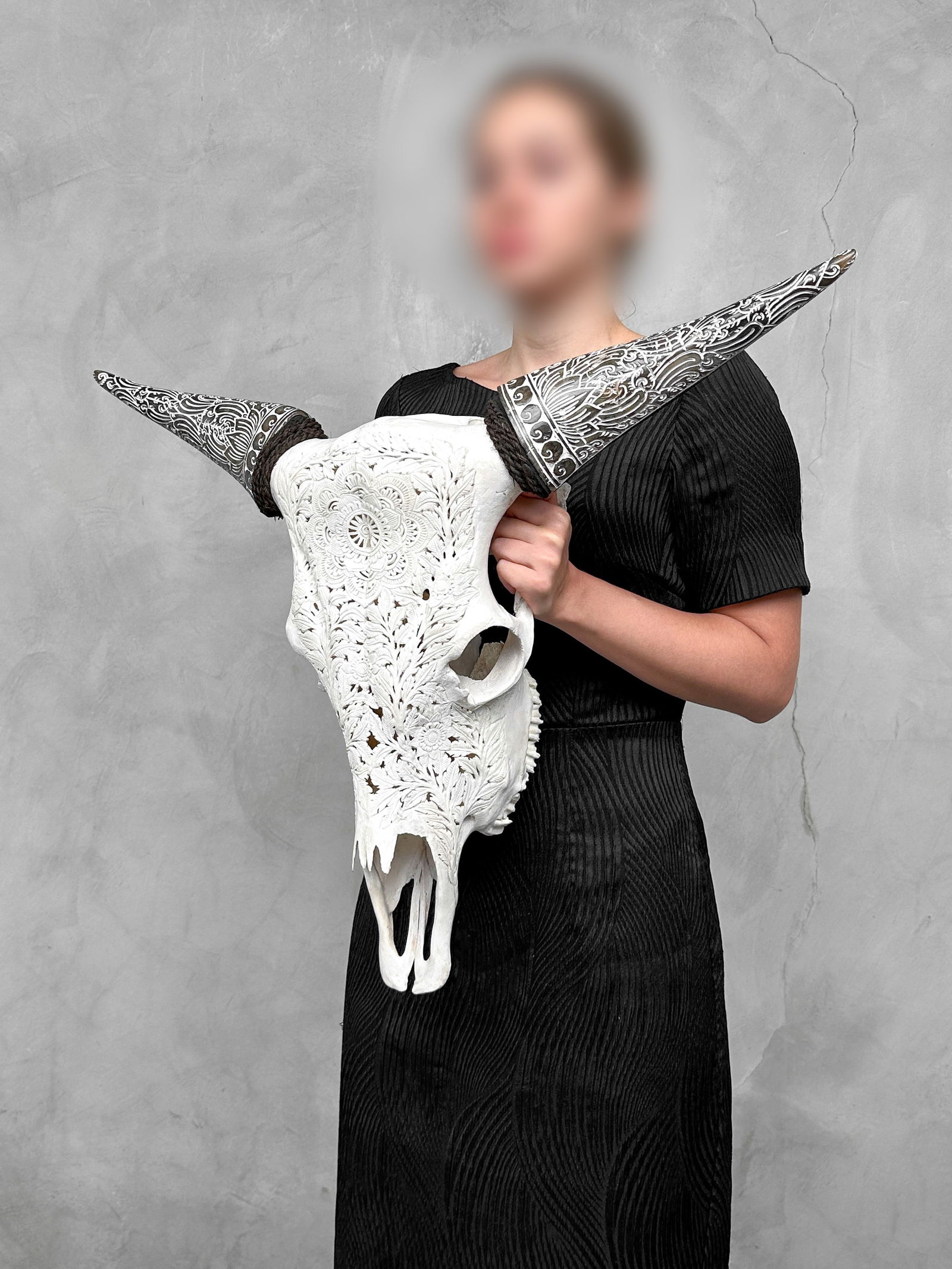 White cow skull carved horns - Flower mandala motif - 2