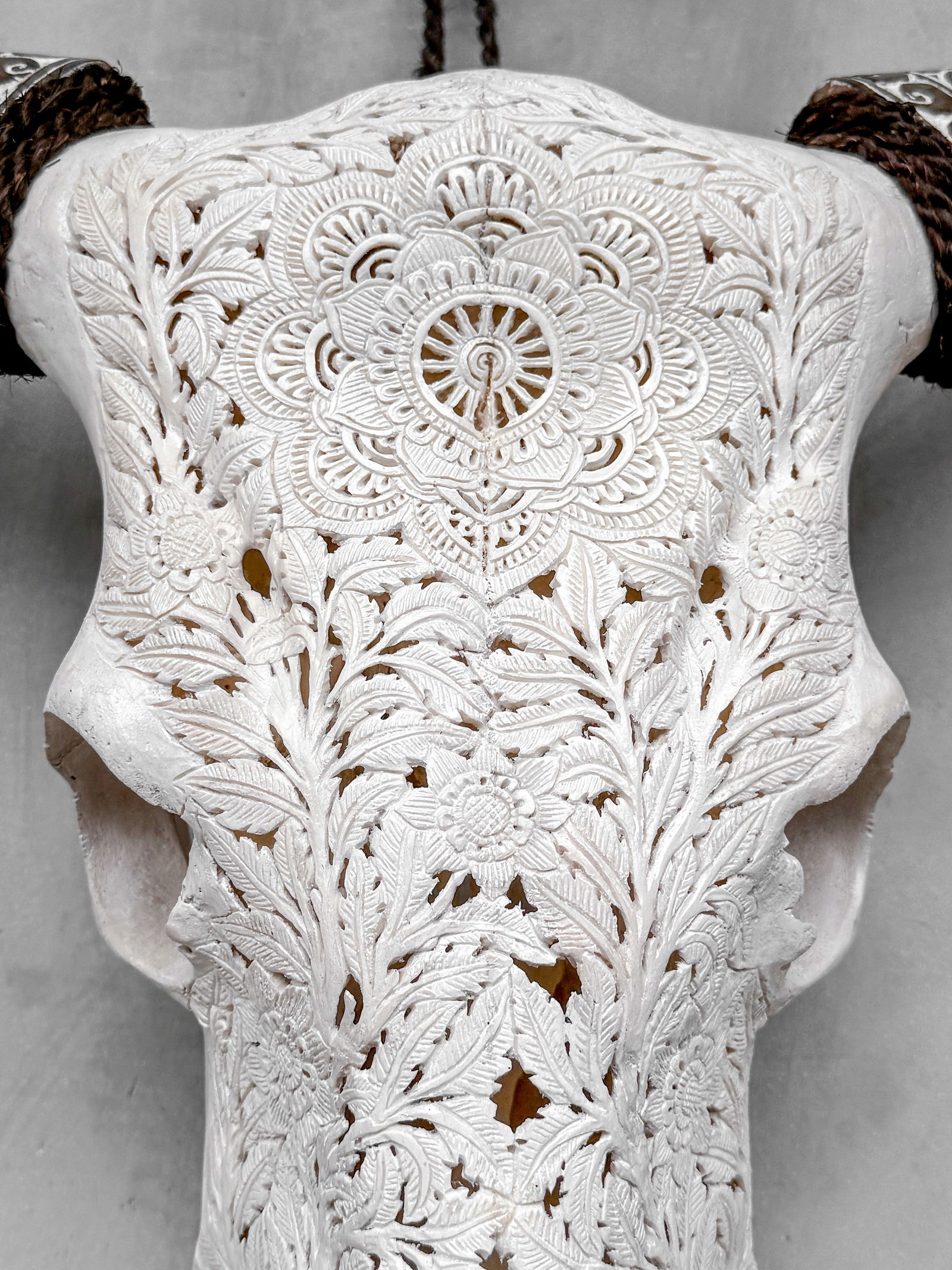 White cow skull carved horns - Flower mandala motif - 3
